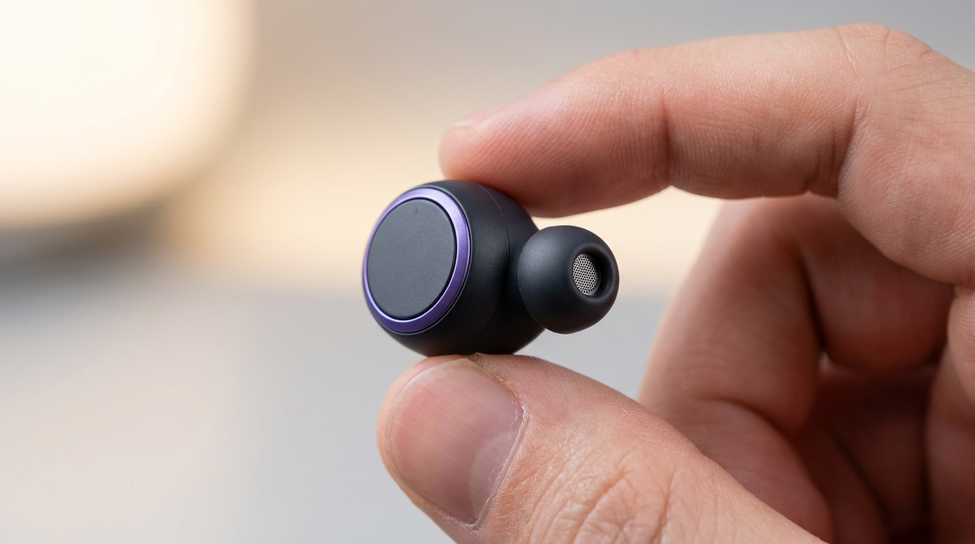 Close-up of a QXQ wireless earbud held in hand